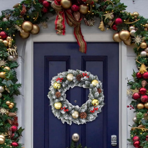 Couronne De Noël 30 Cm Avec Lumières LED - Guirlande Fleurs Artificielles Suspendue Décoration Sapin Et Porte