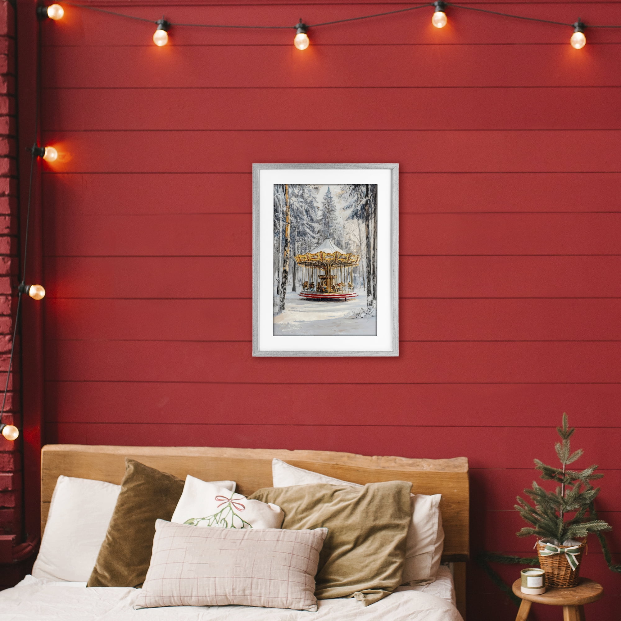 Winter Wonderland Carousel Gray Framed Print Under Glass, design by Petal Prints Design