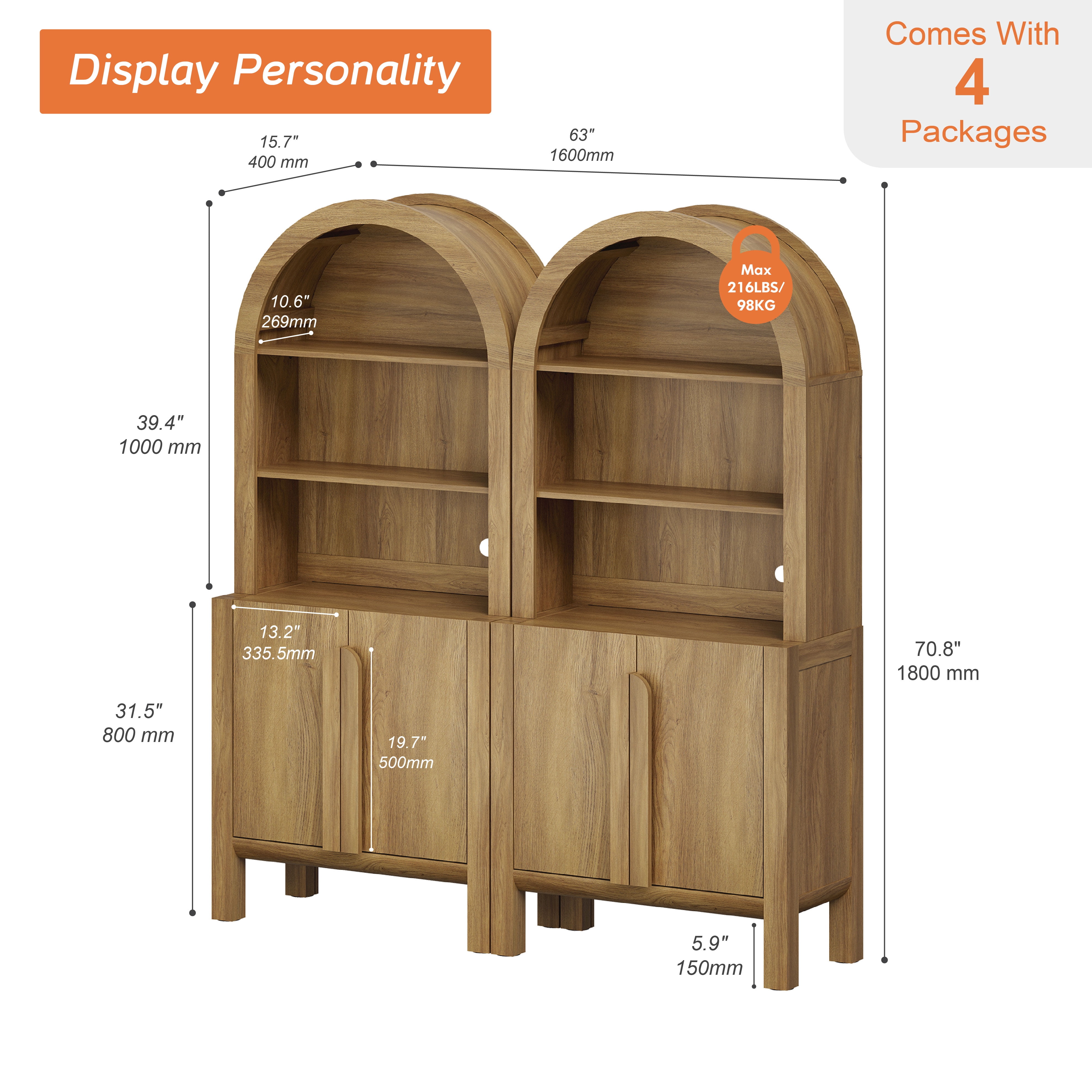 71” Tall Arched Bookshelf Set of 2, Modern 5 Tier Bookcase with Cabinet, Wooden Display Cabinet with Doors and Adjustable Shelves, Versatile Bookshelf for Living Room, Study, Office