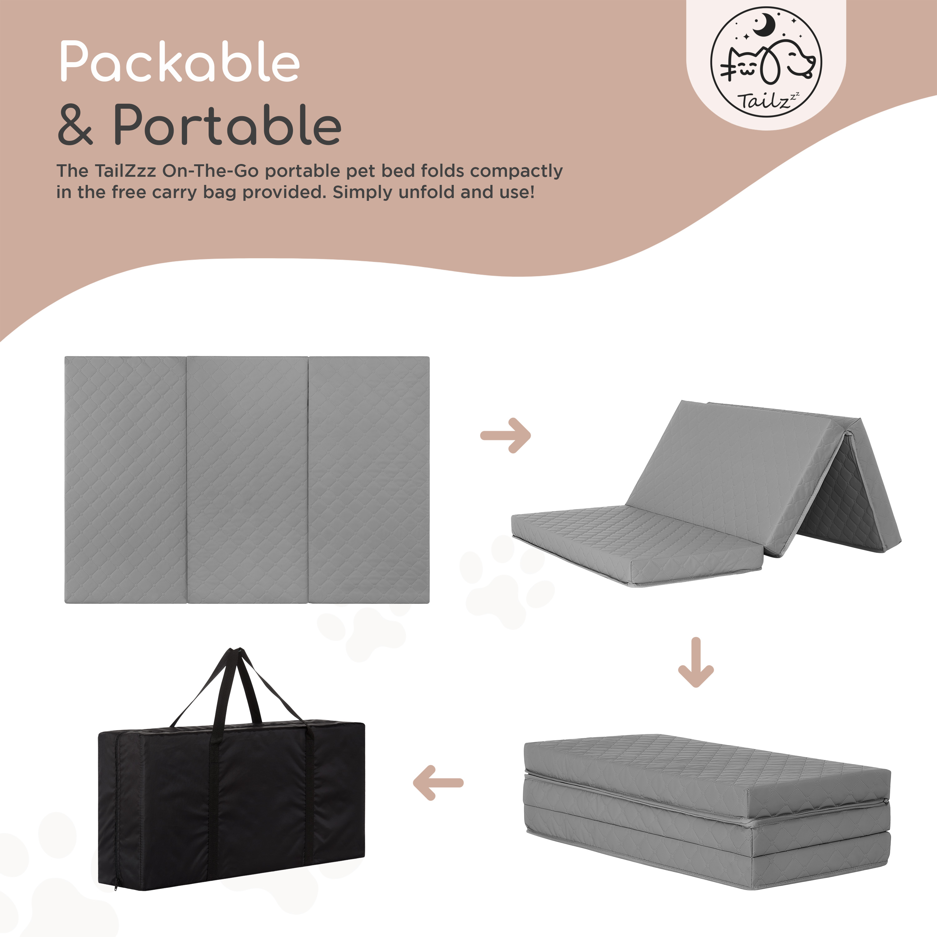 TailZzz On-The-Go Portable Pet Bed, Grey