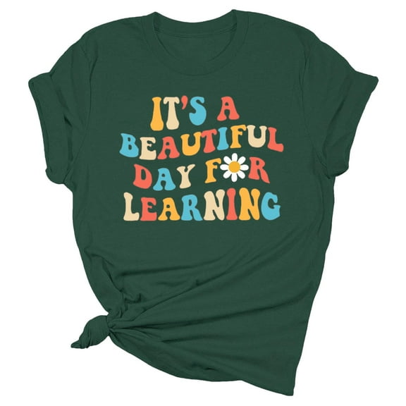 Bjutir Women T Shirts Teacher'S Life Shirts Teacher Gifts Short Sleeve T Shirts Its A Beautiful Day For Learning T Shirts Fall Winter Womens Clothes Army Green