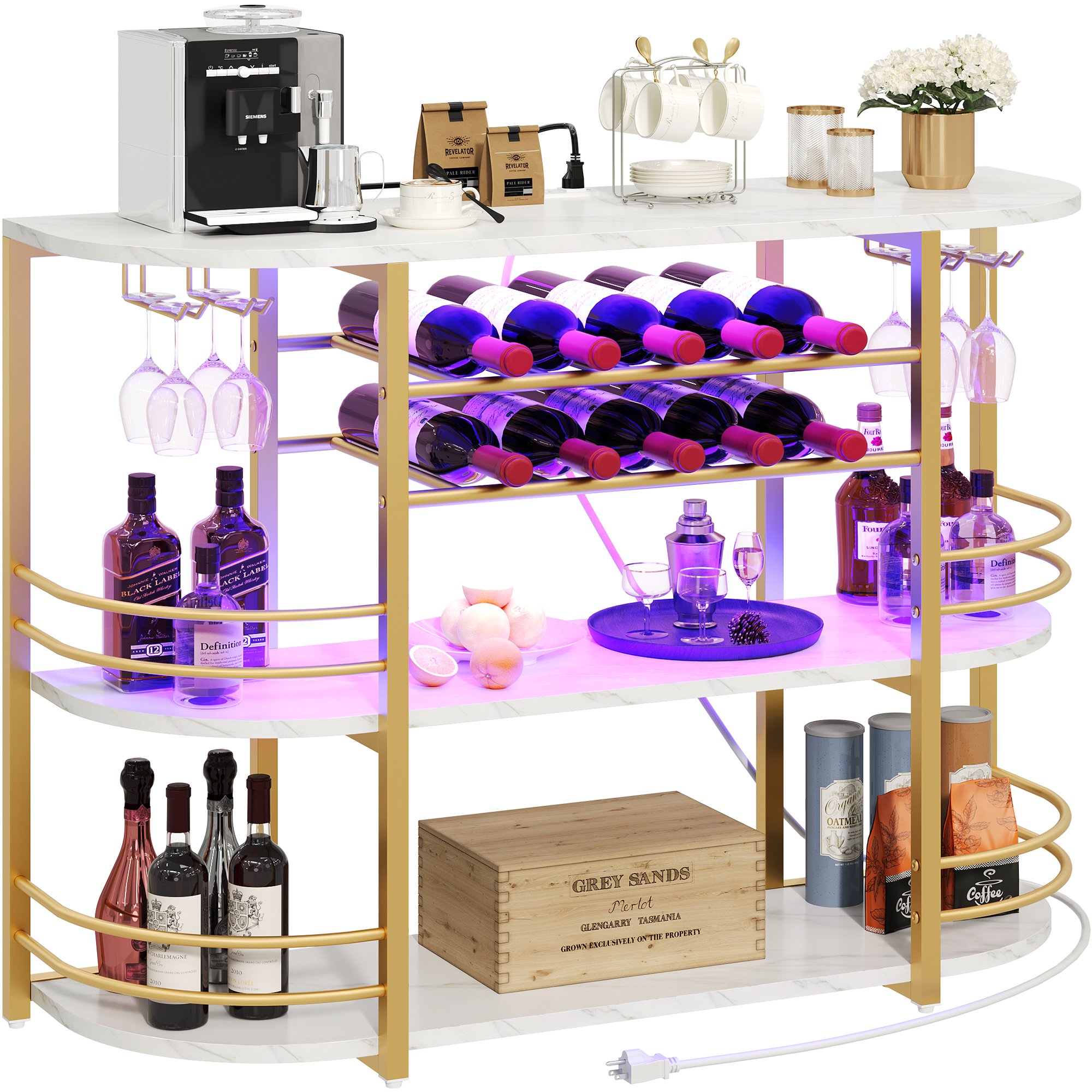 Uforic 3 Tier Home Bar Unit with Charging Station, 47" Mini Bar Cabinet with Wine Rack, Adjustable RGB LED Lights for Home Pub, Party, White