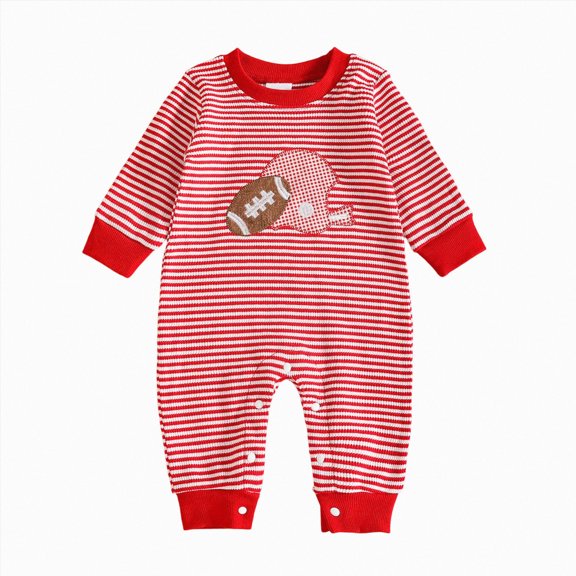 larppty Newborn Baby Boy Girl Football Outfit Rugby Embroidery Stripe Romper Waffle Knit Long Sleeve Jumpsuit Fall Clothes