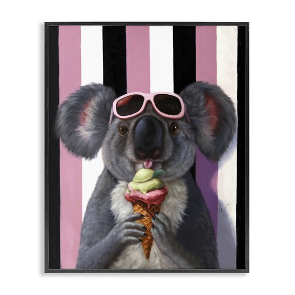 Stupell Industries Modern Happy Koala Ice Cream Stripes Black Framed Giclee Art, 24 x 30, by Lucia Heffernan