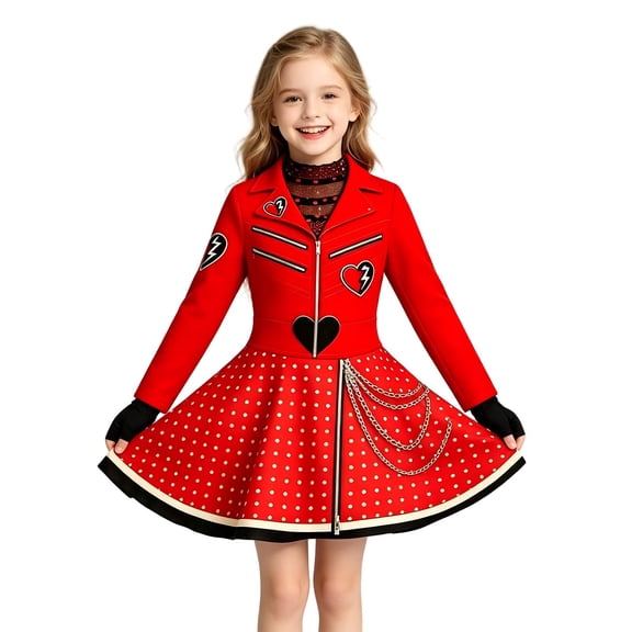 Red Wonderland Costume Set, Polka Dot Dress with Pants and Gloves, Heart Detail Fantasy Halloween Cosplay Outfit