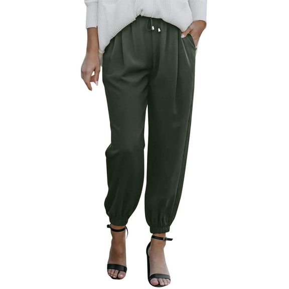 Baqcunre Linen Pants Women Summer Women High Waisted Wide Leg Pants Drawstring Elastic Trousers Comfy Straight Leg Long Pants With Pockets Sweatpants Womens Pants Army Green L