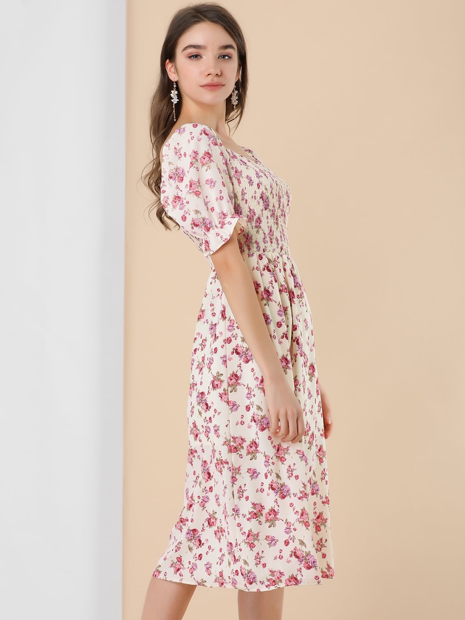 DARING DIVA Women's Cottagecore Floral Dress Puff Sleeves Smocked Dresses 3XL Beige