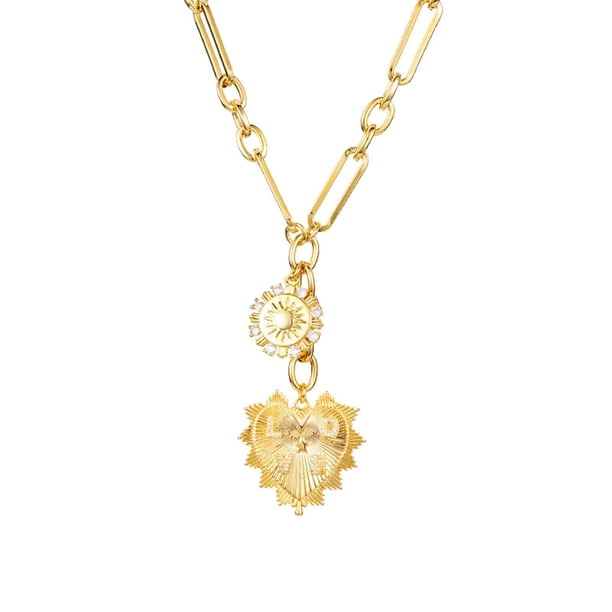 Collar gargantilla grueso con circonitas incrustadas en forma de sol y corazón, 1 collar minimalista de estilo hip hop, chapado en oro, neutro