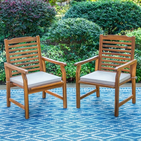 SUMMIT LIVING 2-Piece Acacia Wood Patio Dining Chairs with Cushions, Outdoor Oil Finished Natural Teak Wooden Armchairs, Orange & Beige