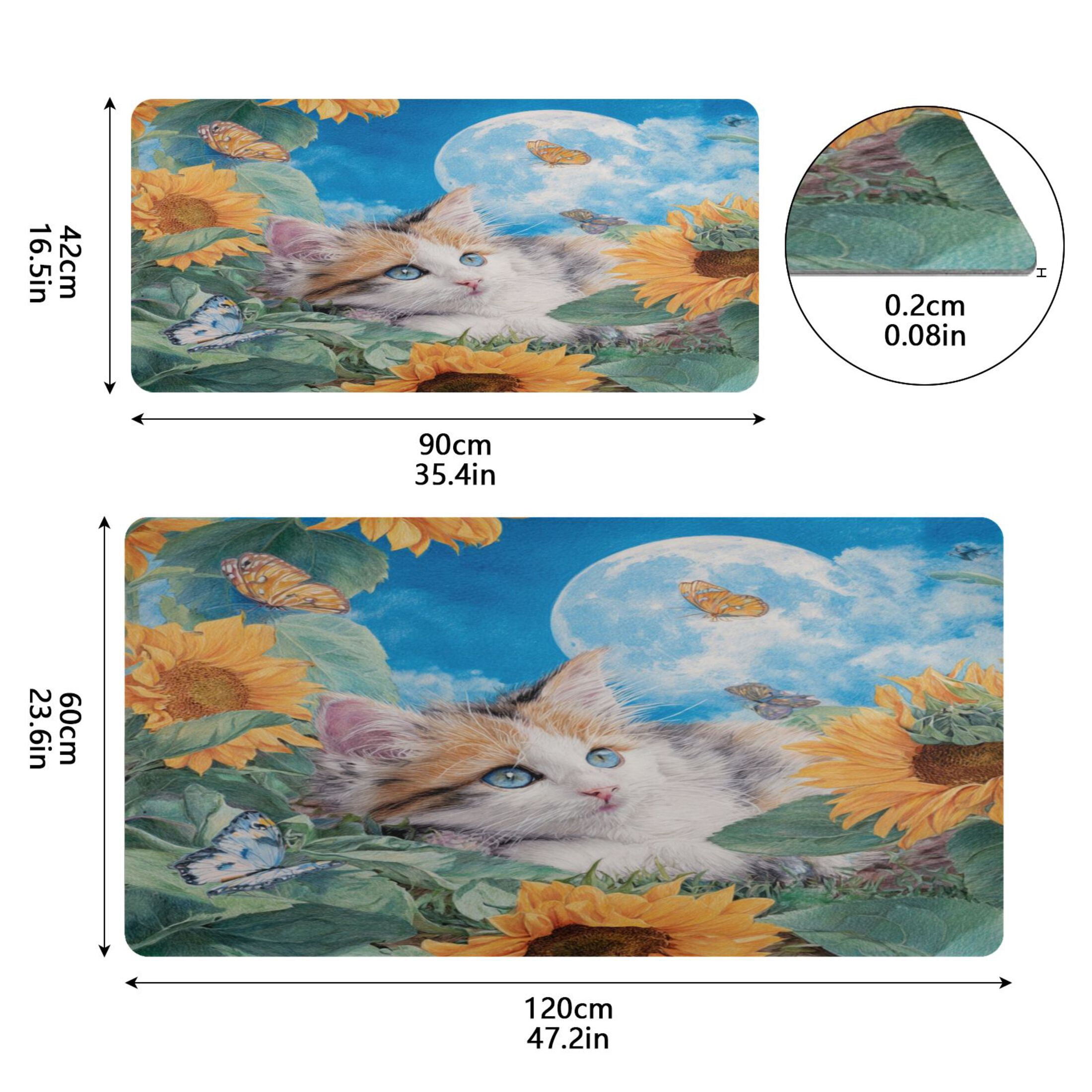 Leather Keyboard and Mouse Desk Mat Office Desk Accessories Protective Office Desk Decor Desk Pad Mat for Gaming, Work from Home, Office Playful Cat Lying Sunflowers 23.6" x 47.2"