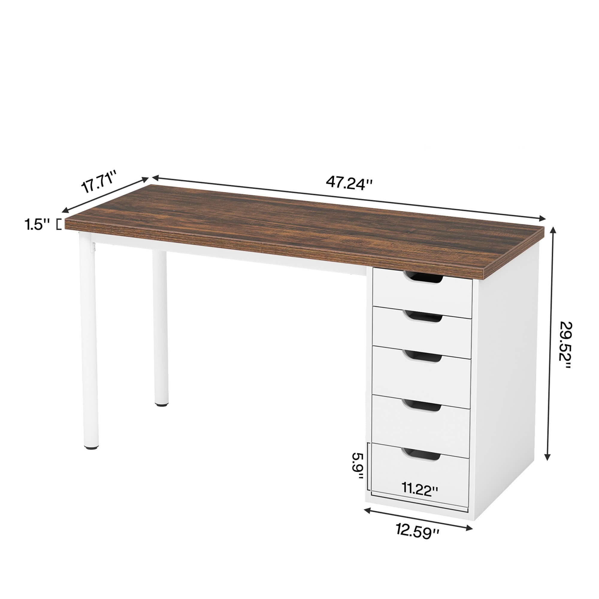 MAYEERTY 47 Inch Modern Computer Desk with 5 Reversible Drawers, Rustic Brown Writing Table for Home Office