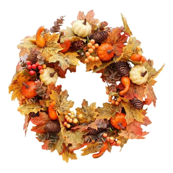 15.75in Autumn Fall Wreath with Pumpkin, Maple Leaves & Berries - Front Door Decor for Indoor & Outdoor (Thanksgiving/Festival)