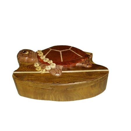 Hawaiian Jewelry - Hawaii Style Wood Keepsake Jewelry Puzzle Box Surfing Turtle Plumeria