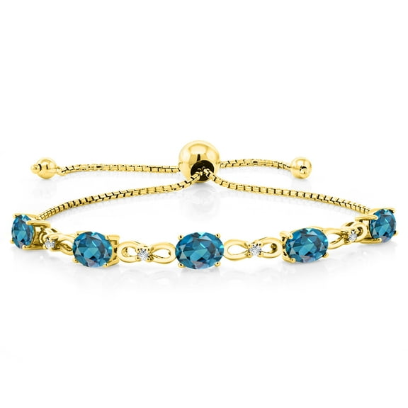 18K Yellow Gold Plated Silver London Blue Topaz and White Lab Grown Diamond Tennis Bracelet for Women (5.02 Cttw, Gemstone November Birthstone, Oval 7x5MM, Fully Adjustable up to 9 inch)