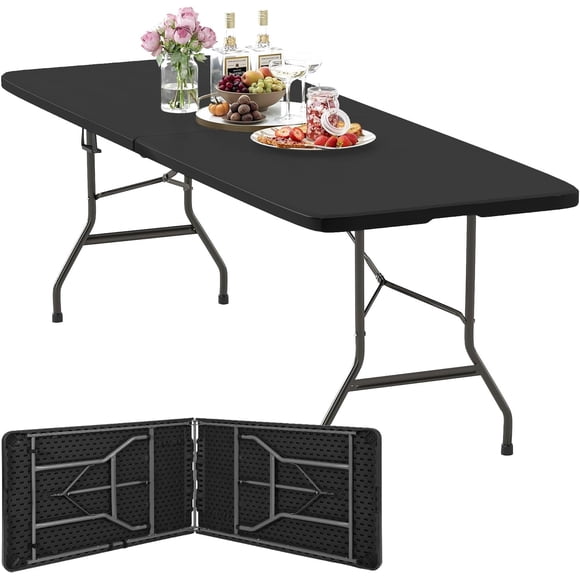 8FT Folding Table, Portable Fold-in-Half Plastic Picnic Party Table with Carrying Handle (Black, 8FT)