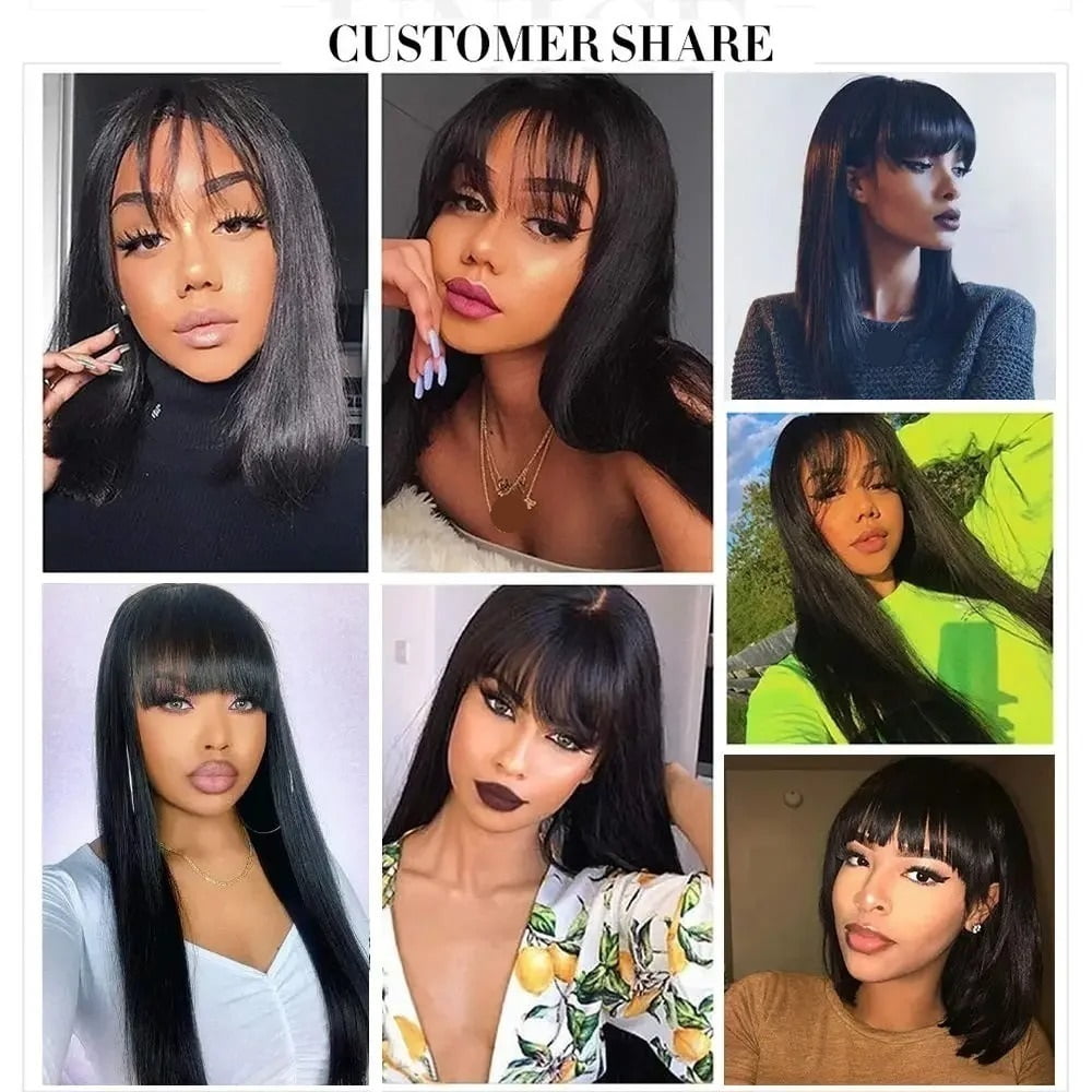 Straight Human Hair Wigs with Bang Full Machine Made Wig Non Lace Wig for Black Women
