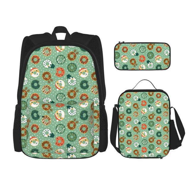 Bingfone Christmas Donuts for Backpack Lunch Bag Pencil Case Set, Large Capacity School Backpack Combination Three-piece Set, Unisex
