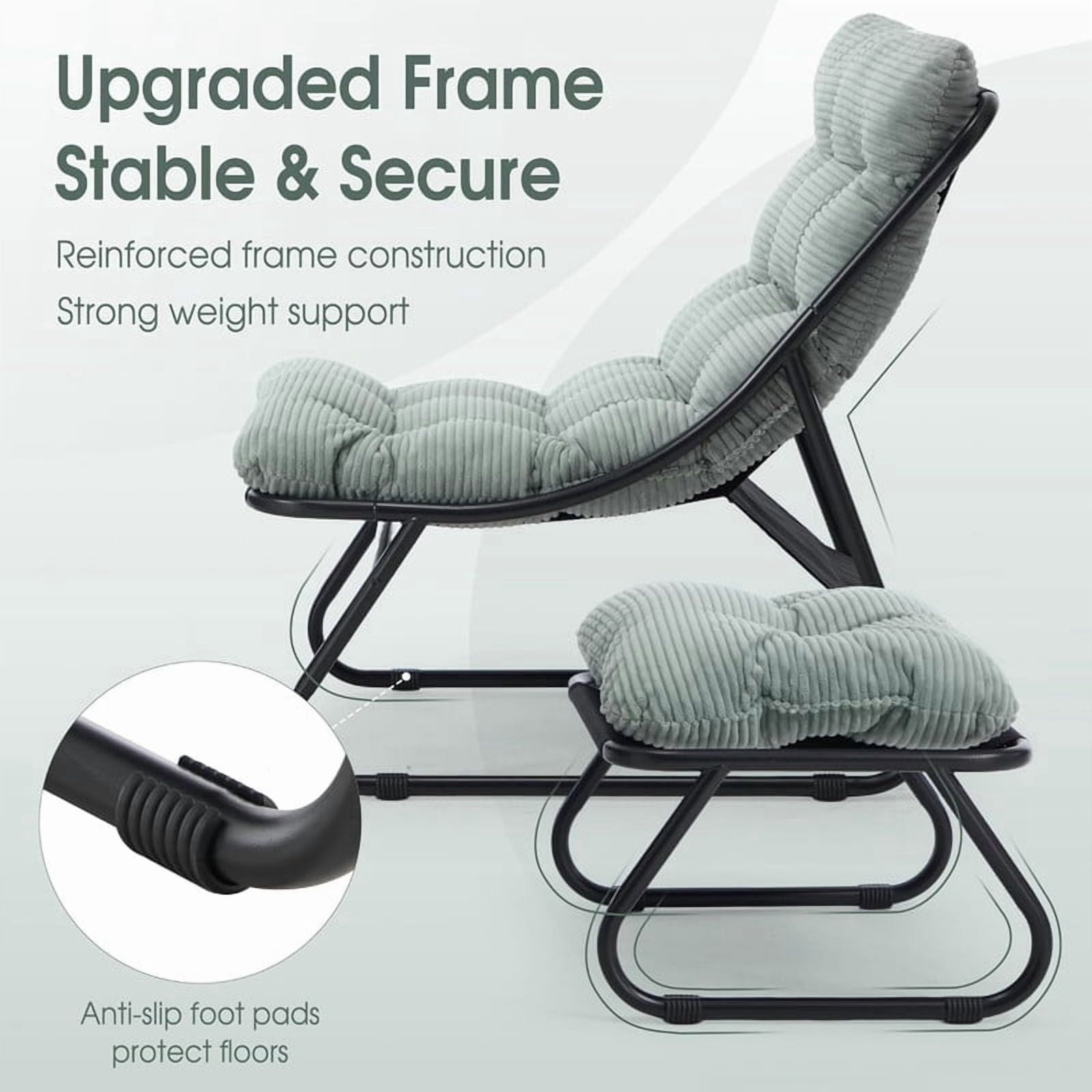 Modern Patio Lounge Chair with Ottoman, Comfy Sling Recliner Chair with Puffy Cushion and Foot Stool for Indoor Outdoor Living Room