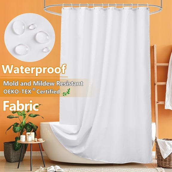 Inosoo Fabric Shower Curtain Liner, 72"W x 84"H Waterproof Shower Liner with Hooks, Extra Long Cloth Shower Curtain, Mildew Resistant & Machine Washable, White