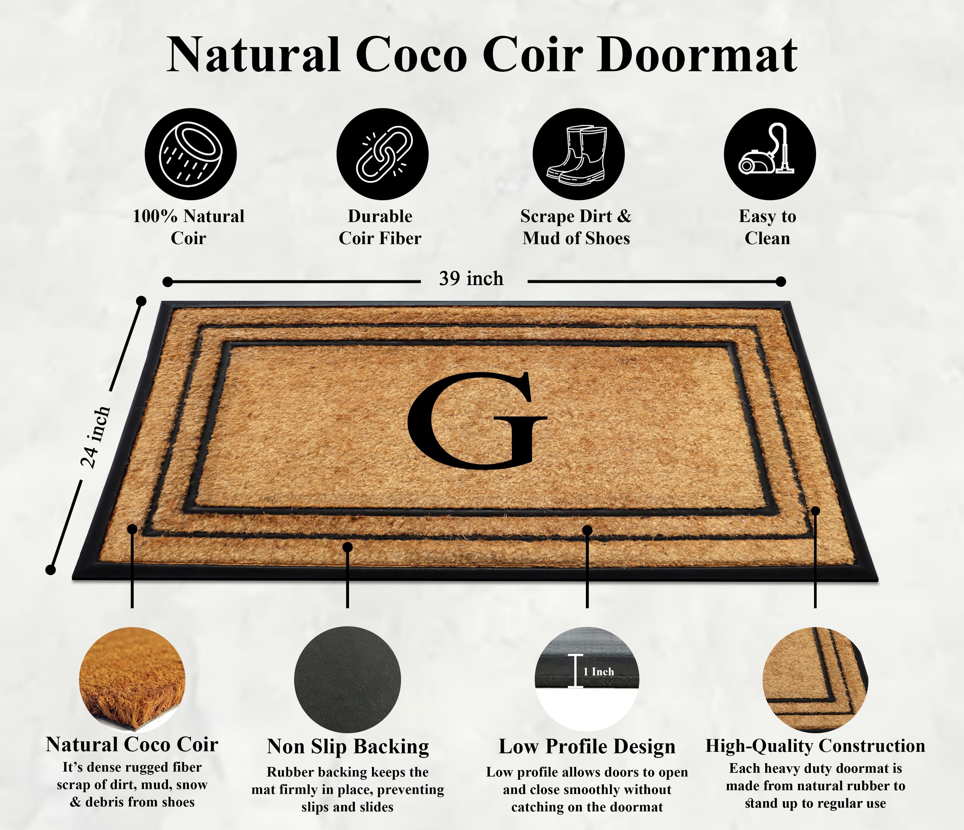A1 Home Collections Natural Coir & Rubber Door Mat, Long-Lasting Entrance Doormats for Front Door, Thick & Non-Slip Durable Outdoor Entry Mat 24" x 39"