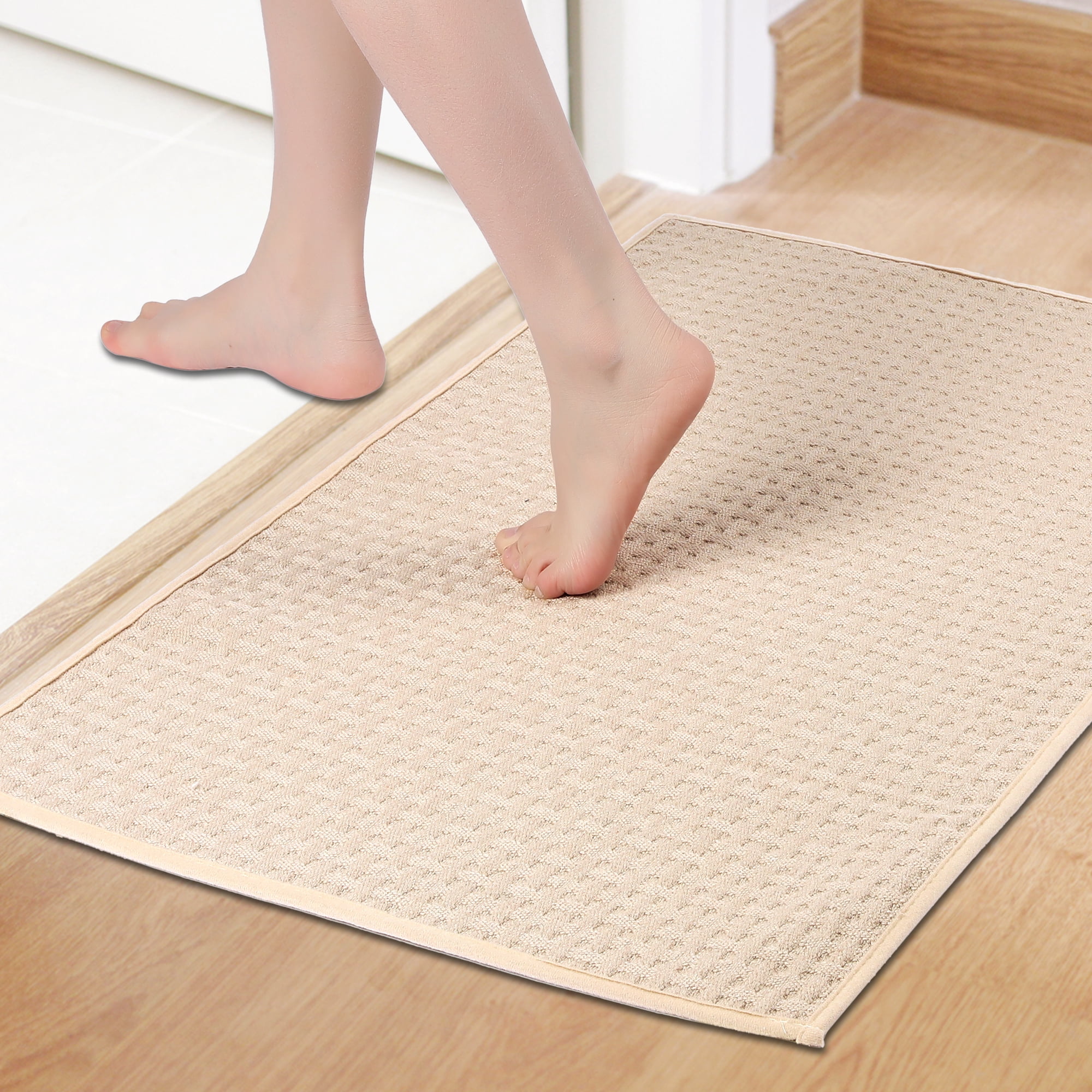Unique Bargains Weaving Pattern Soft Absorbent Bath Mat Beige 16" x 24"