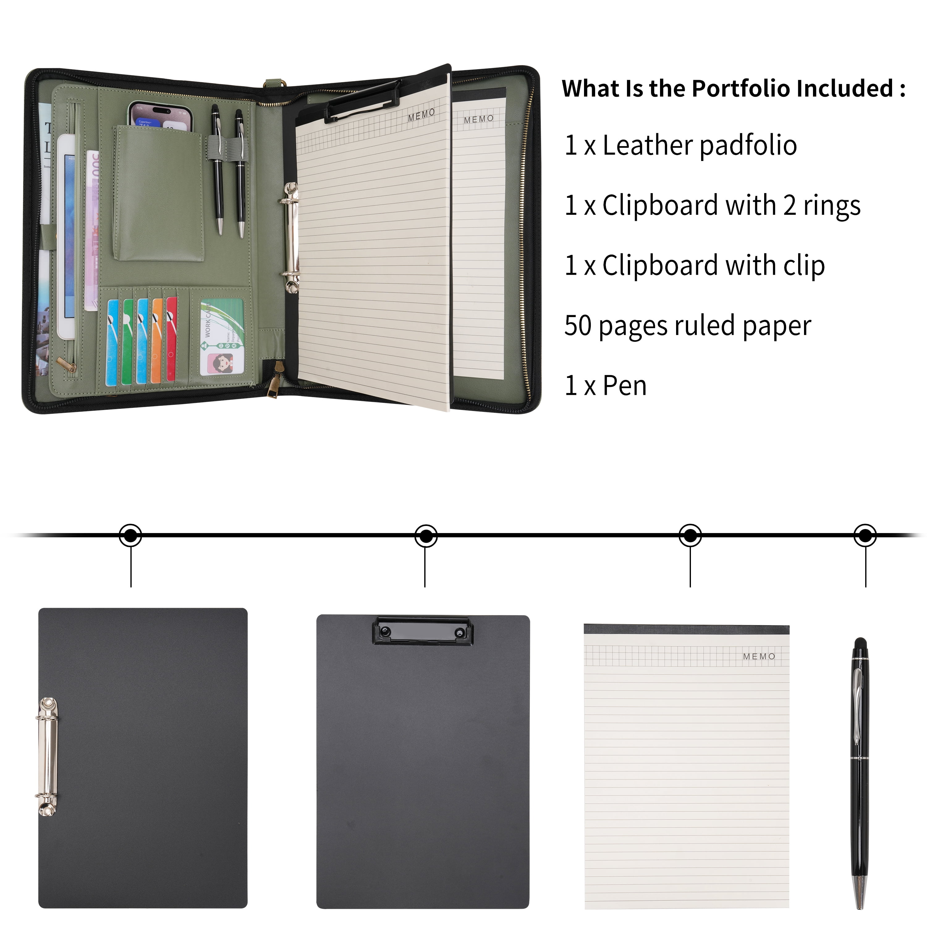 Wason A4 Portfolio with Zipper - Leather PU Padfolio with Detachable Ring Binder and Writing Notepad Holder, Conference File Multi-Pockets Organizer for Office Travel School (Green)