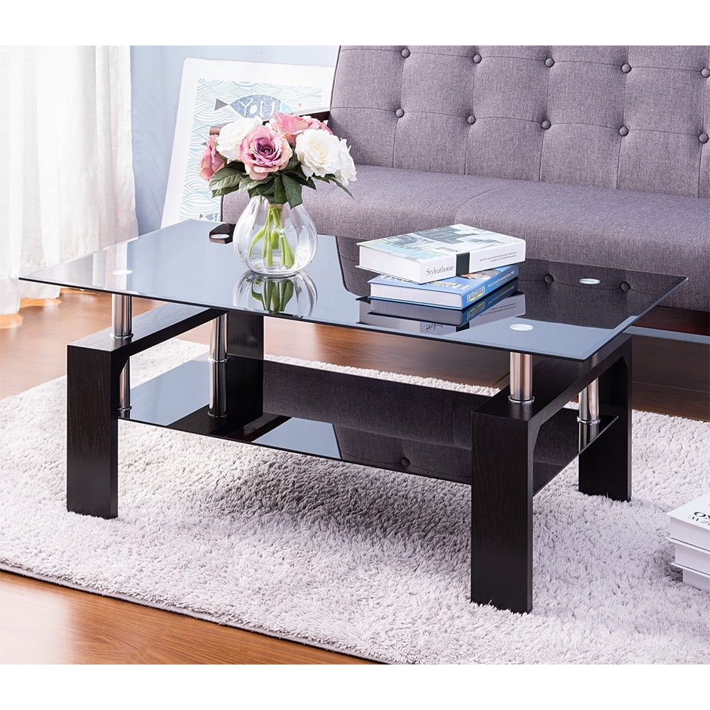 Black Glass Top Cocktail Coffee Table, Rectangle Glass Coffee Table for