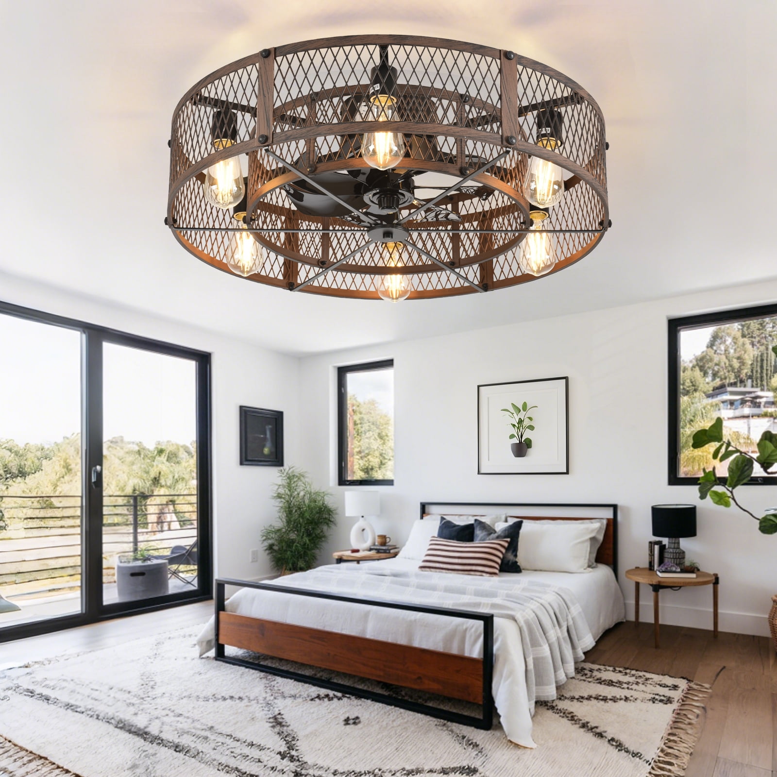 26-Inch Farmhouse Caged Ceiling Fan with Light, Reversible Ceiling Fan with Remote Control Quiet DC Motor 6 Speed Timer E26 Bulbs Not Included Brown