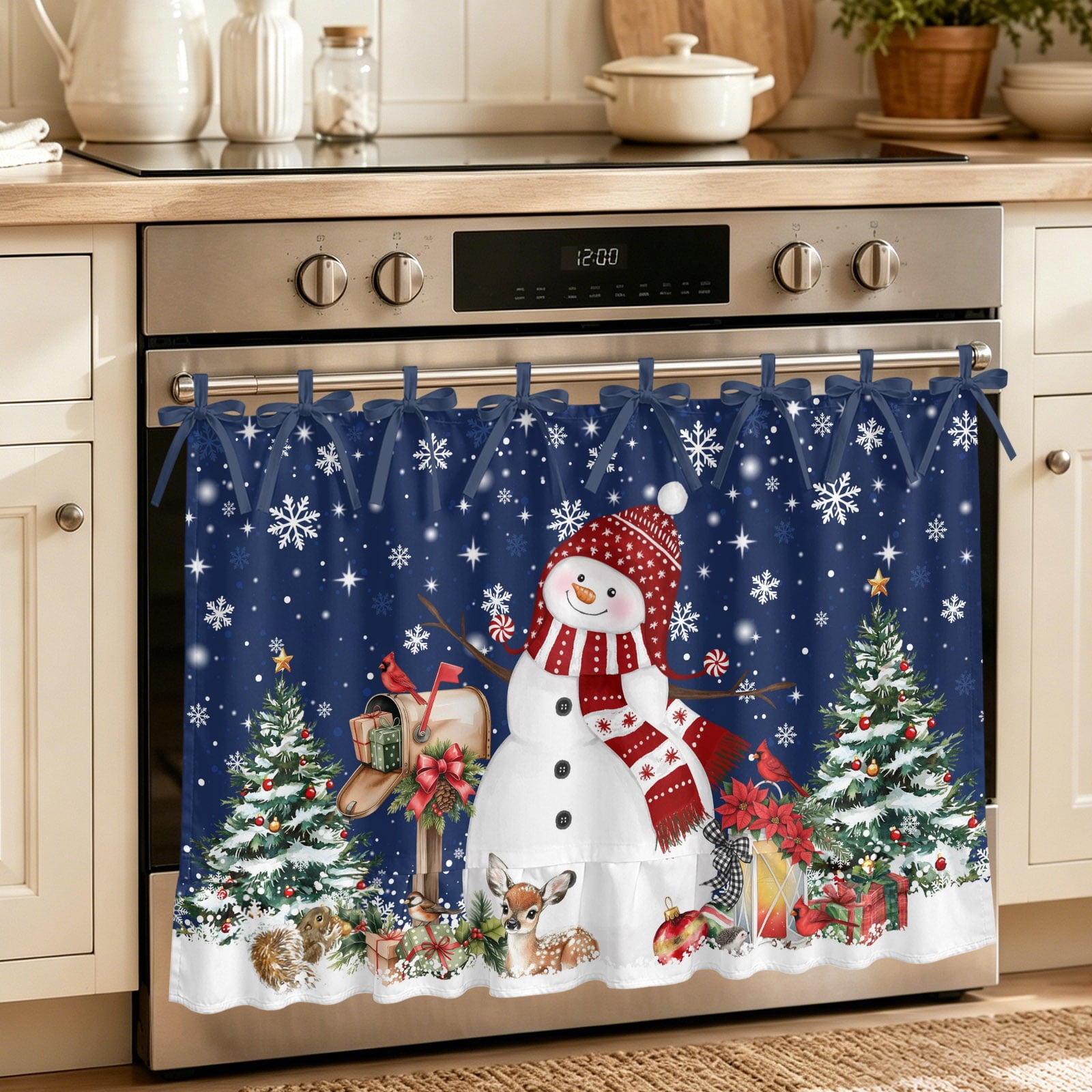 Oven Curtain for Kitchen Xmas Snowman Berry Bird Navy Blue Stove Curtain With Ruffled Trim Dishwasher Curtains Pine Tree Snow Reindeer Oven Skirt 30 x21.5