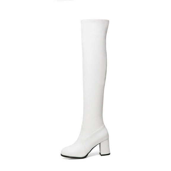 Juebong Women's Fashion Chunky Heels Gogo Boots Over The Knee Boots Round Toe Thick High-heeled Boots, White, 5.5