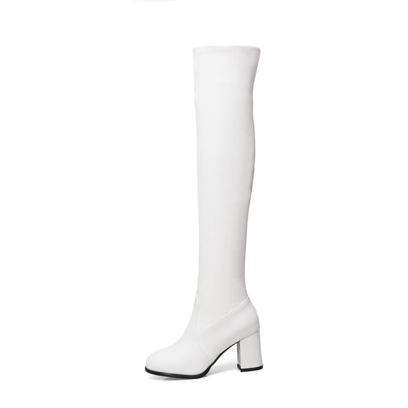 Juebong Women's Fashion Chunky Heels Gogo Boots Over The Knee Boots Round Toe Thick High-heeled Boots, White, 7