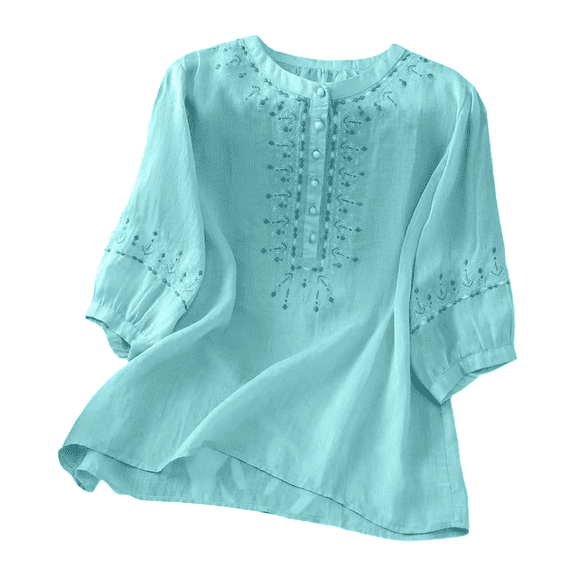 Women Embroidered Cotton Linen Shirts Boho Tunic Top Dressy Floral Blouses Boho Ethnic Style Peasant Tee Loose Tunics Mexican Blouse