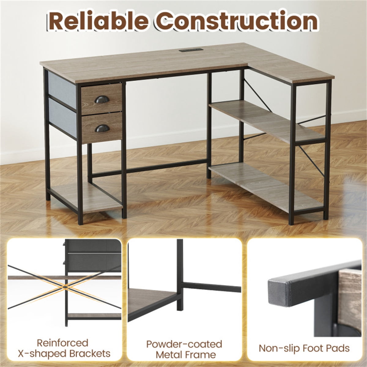 L Shaped Computer Desk with Built in Power Outlet USB Type C Charging Port Home Office Corner Desk with Fabric Drawers Storage Shelves Oak Black