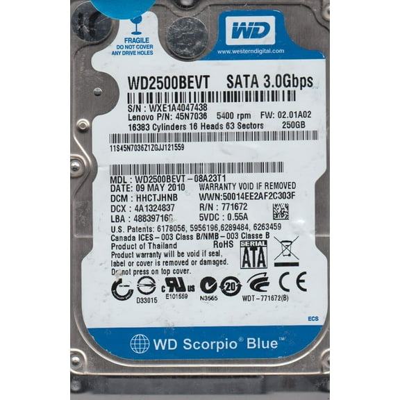 WD2500BEVT-08A23T1, DCM HHCTJHNB, Western Digital 250GB SATA 2.5 Hard Drive