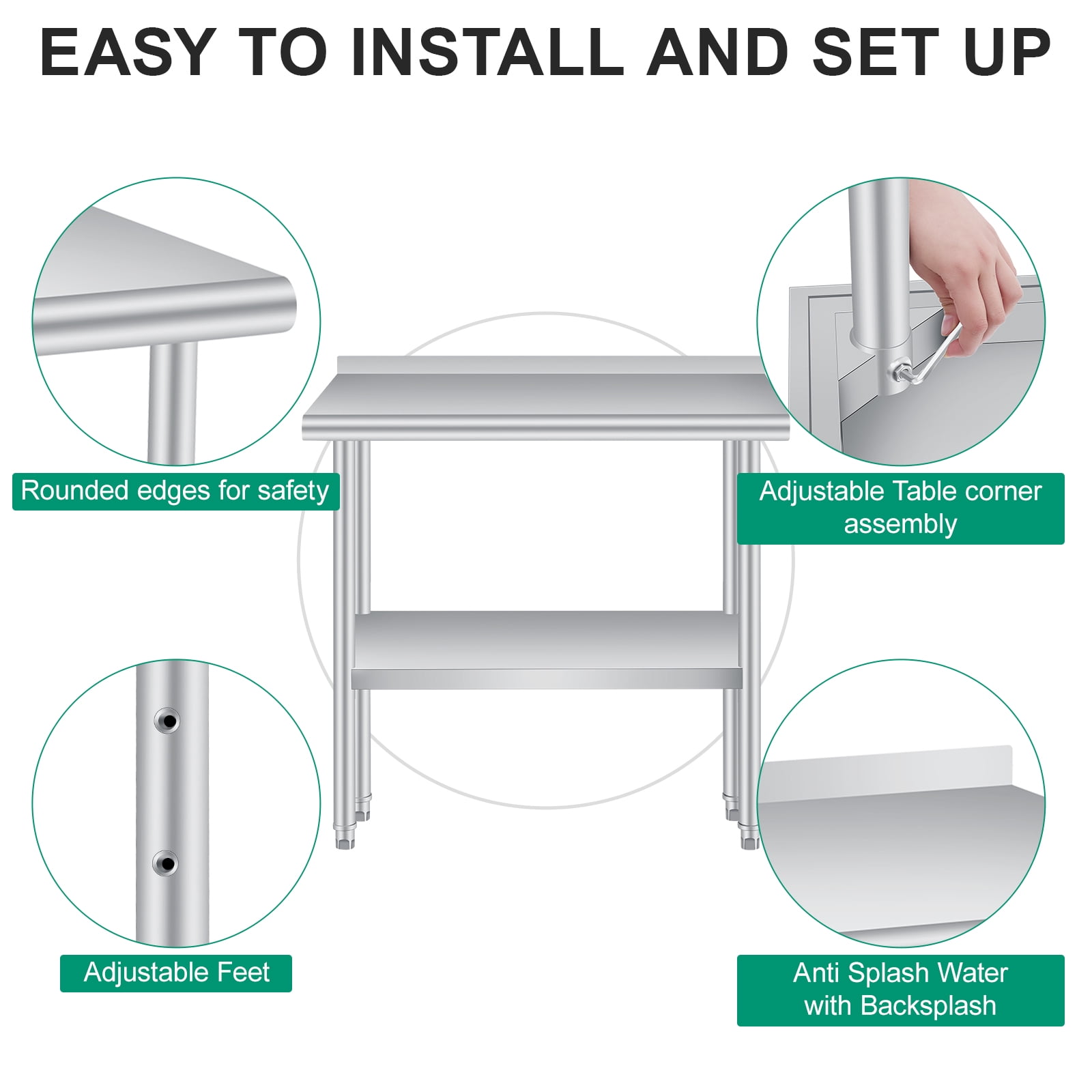 Stainless Steel Prep Table with Backsplash - Adjustable Undershelf - Commercial Kitchen Worktable for Restaurant, Home, Outdoor - Size 36x24 Inch