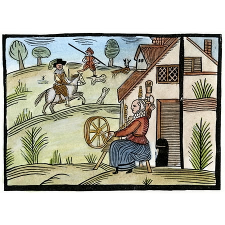 Rooms To Go Cottage Collection England Daily Life Na Housewife Spins Outside Her Cottage As A Gentleman Goes Hunting For Deer Woodcut English Mid-17Th Century Poster Print by Granger Collection ()