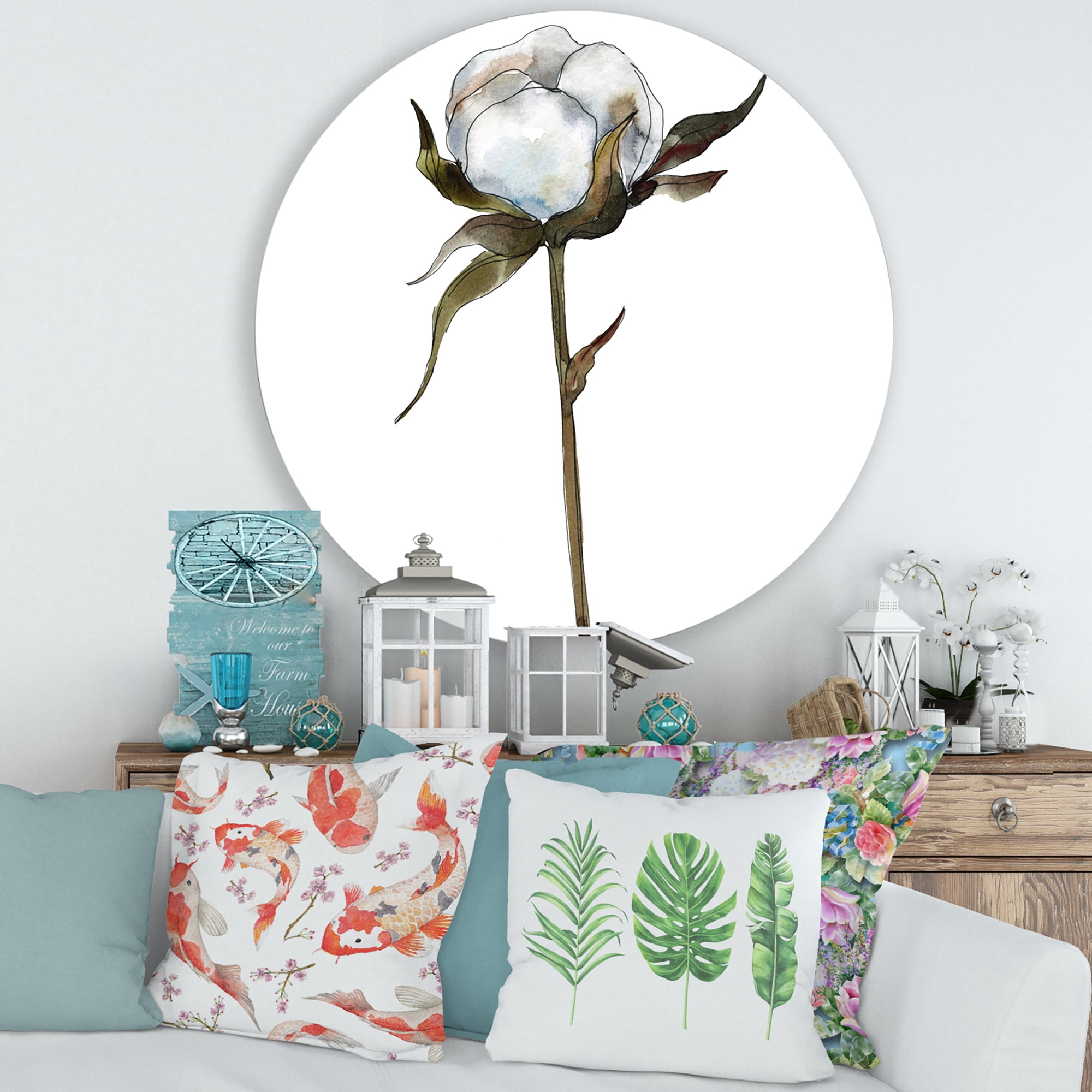 Designart 'Cotton Flower Retro Style' Traditional Circle Metal Wall Art 29x29 - Disc of 29