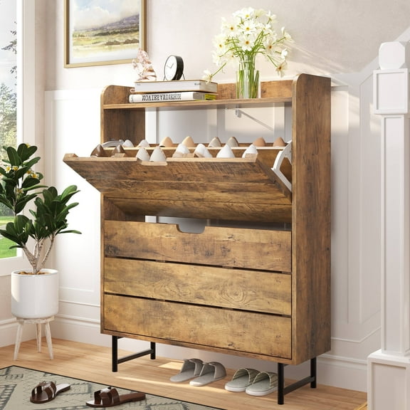 Vividwood Shoe Storage Cabinet with 2 Flip Drawers, Wooden Shoe Rack Organizer Cabinet with Adjustable Shelf, Narrow Shoe Cabinet for Entryway, Hallway, Living Room (Oak)