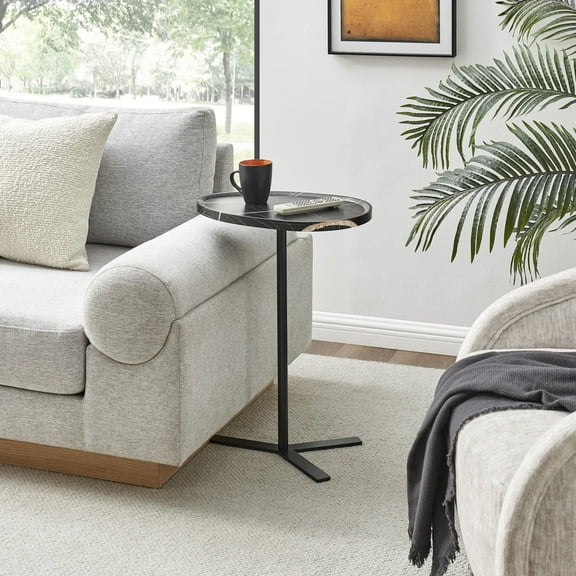 Carter Oval Teardrop Modern Raised Lip Edge Couch-Side Accent C-Table with Crossed Y-Shape Metal Pedestal Leg - Black Marble/Black