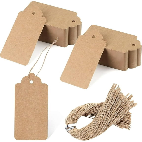 100pcs Gift Tags with String Attached, 1.8 x 3.7 inch Kraft Paper Hang Tags for Clothes DIY Crafts Wedding Holiday