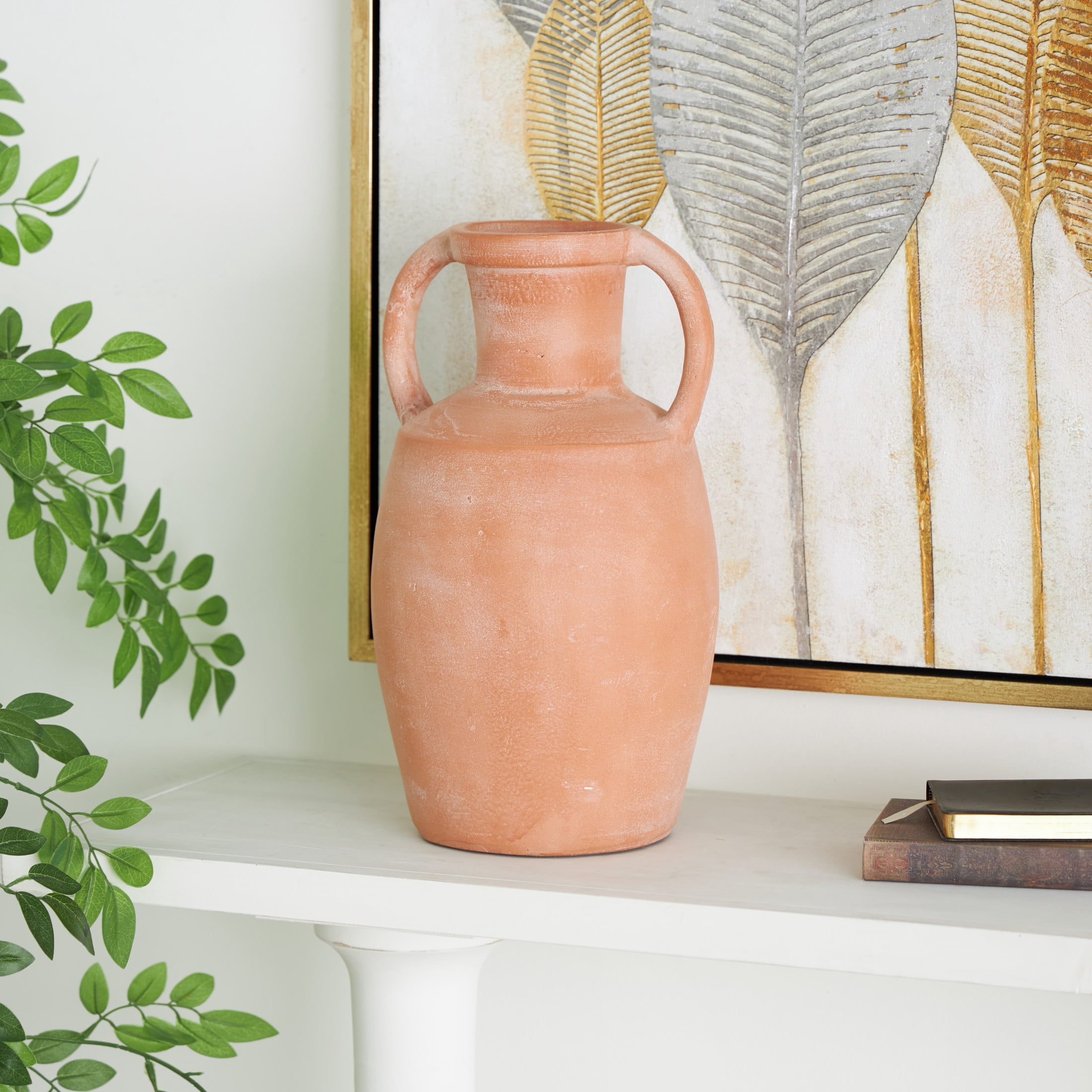 DecMode 16" Terracotta Jug Pink Ceramic Vase with Handles