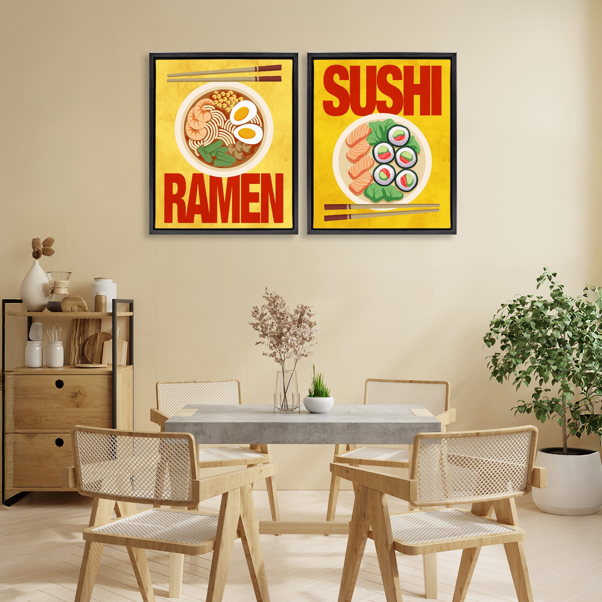 Stupell Industries Ramen & Sushi Japanese Cuisine 2 Piece Black Framed Floater Canvas Set, design by Marcus Prime