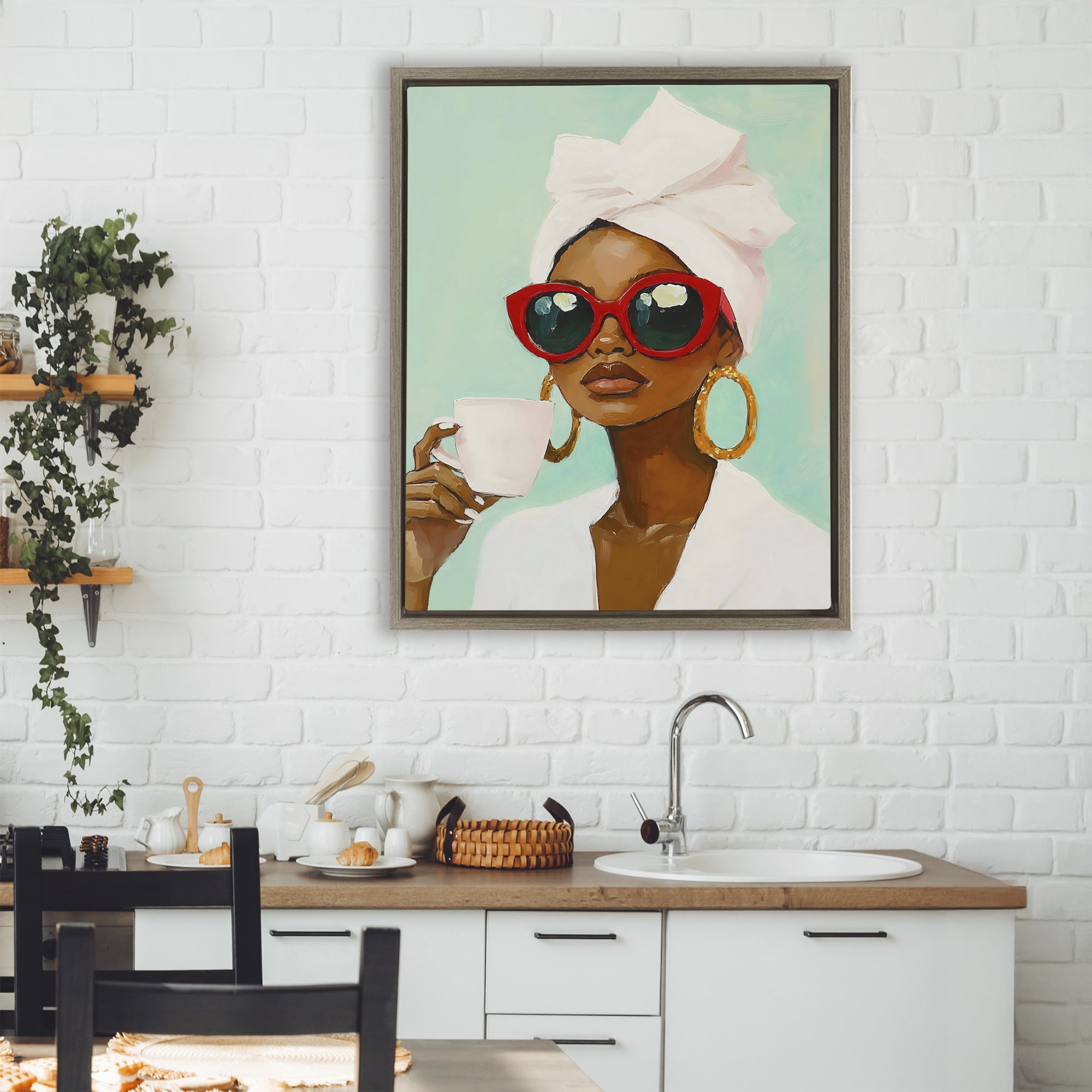 Stupell Industries Coffee Lover in Red Sunglasses Brown Framed Floater Canvas Wall Art, design by The Prints Vibe