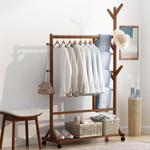 Perchero Multifuncional con 8 Ganchos y Ruedas para Colgar Ropa, Percheros de Pasillo Entrada Dormitorio, Colgador para Bolsas, Sombreros, Bufanda, Paraguas