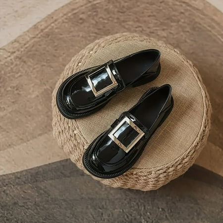 

ASWMXR Women‘s Square Buckle Decor Loafers Round Toe Slip On Patent Leather Shoes All-Match Black Loafers