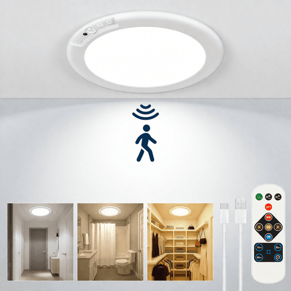 Rechargeable Motion Sensor Ceiling Light, Wireless Ceiling Lights Battery Operated Closet Light with Remote, 500LM 3000K/4500K/6500K, 0.55″ Ultra Thin Lights for Bathroom Hallway Pantry, 1 Pack