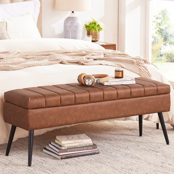 Retro Brown Faux Leather Storage Ottoman Bench With Tufted Top And Black Legs