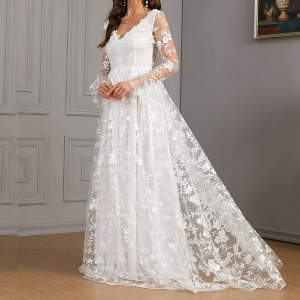 Oplxuo Women's Lace Appliques Wedding Dresses, Sheer Long Sleeve V Neck A Line Long Sleeves Tulle Beach Bridal Gown, Size: Large, White