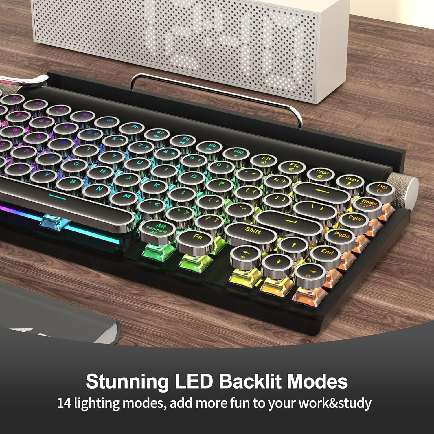 Retro Typewriter Wireless Mechanical Gaming Keyboard, Bluetooth 5.0 Office Computer Vintage Keyboards 83-Key Blue Switches Punk Round Keycap, LED Backlight, Compatible with PC/Laptop/Pad/Phone, White