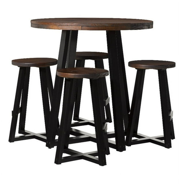 5-Piece Distressed Solid Wood Counter Height Dining Set - Mahogany / Black